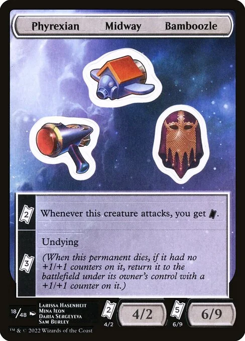 Phyrexian Midway Bamboozle, carta Magic di tipo Stickers illustrata da Larissa Hasenheit & Mina Jeon