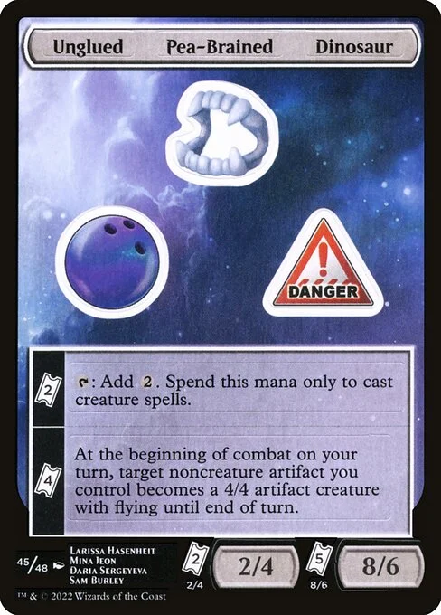 Unglued Pea-Brained Dinosaur, carta Magic di tipo Stickers illustrata da Larissa Hasenheit & Mina Jeon