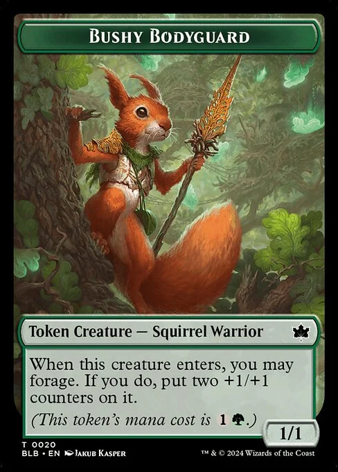 Bushy Bodyguard, carta Magic di tipo Token Creature — Squirrel Warrior illustrata da Jakub Kasper