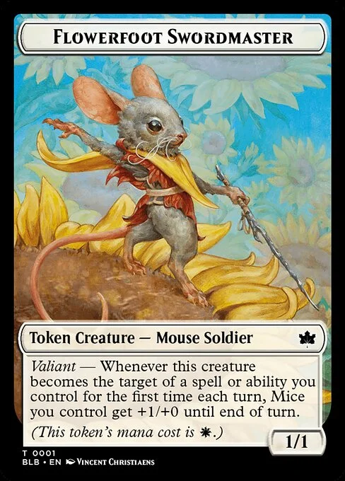 Flowerfoot Swordmaster, carta Magic di tipo Token Creature — Mouse Soldier illustrata da Vincent Christiaens