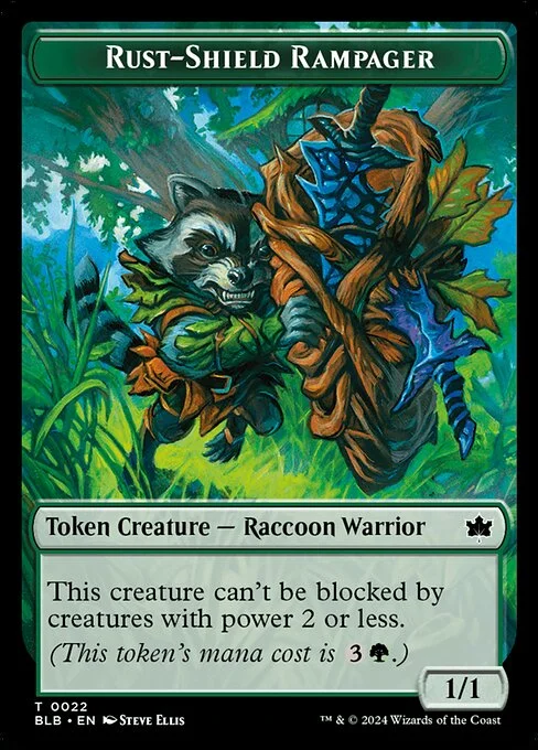 Rust-Shield Rampager, carta Magic di tipo Token Creature — Raccoon Warrior illustrata da Steve Ellis