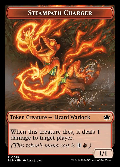Steampath Charger, carta Magic di tipo Token Creature — Lizard Warlock illustrata da Alex Stone