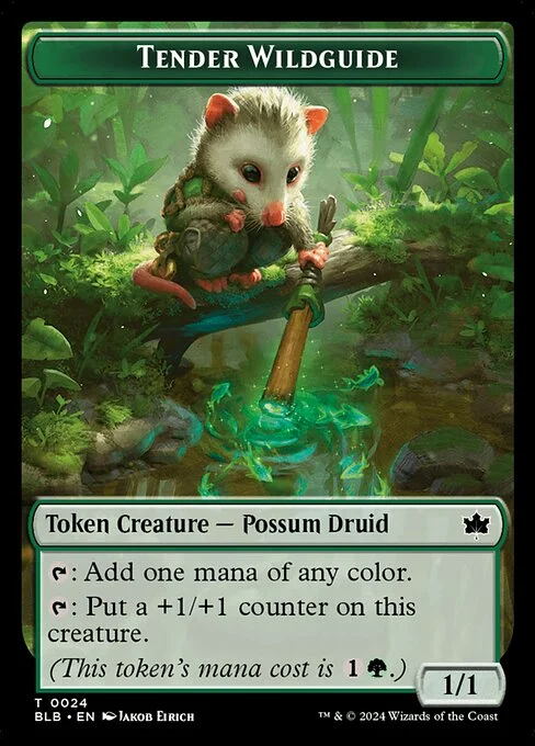 Tender Wildguide, carta Magic di tipo Token Creature — Possum Druid illustrata da Jakob Eirich