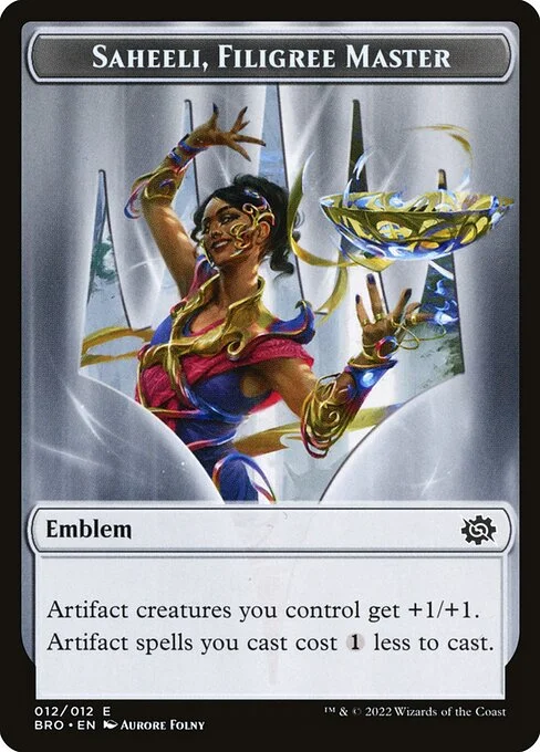 Saheeli, Filigree Master Emblem, carta Magic di tipo Emblem illustrata da Aurore Folny