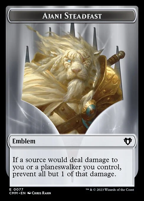 Ajani Steadfast Emblem, carta Magic di tipo Emblem — Ajani illustrata da Chris Rahn