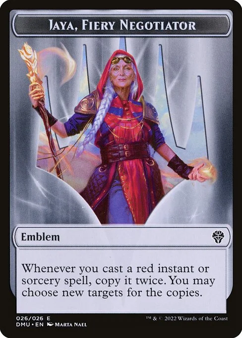 Jaya, Fiery Negotiator Emblem, carta Magic di tipo Emblem illustrata da Marta Nael