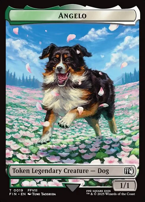 Angelo, carta Magic di tipo Token Legendary Creature — Dog illustrata da Yumi Yaoshida