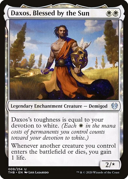 Daxos, Blessed by the Sun, carta Magic di tipo Legendary Enchantment Creature — Demigod illustrata da Lius Lasahido