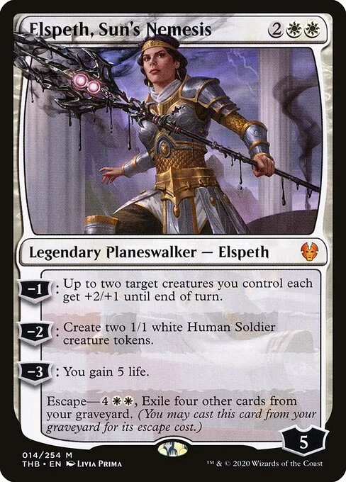 Elspeth, Sun's Nemesis, carta Magic di tipo Legendary Planeswalker — Elspeth illustrata da Livia Prima