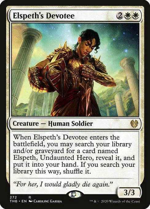 Elspeth's Devotee, carta Magic di tipo Creature — Human Soldier illustrata da Caroline Gariba