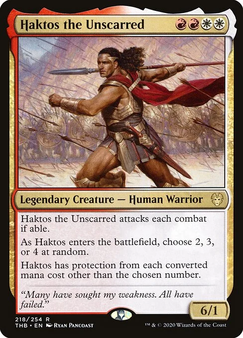 Haktos the Unscarred, carta Magic di tipo Legendary Creature — Human Warrior illustrata da Ryan Pancoast