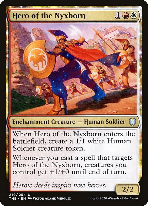 Hero of the Nyxborn, carta Magic di tipo Enchantment Creature — Human Soldier illustrata da Victor Adame Minguez