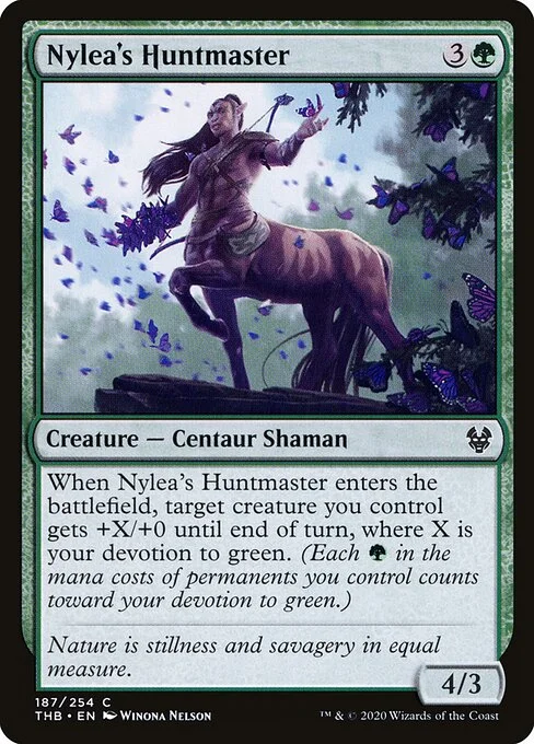 Nylea's Huntmaster, carta Magic di tipo Creature — Centaur Shaman illustrata da Winona Nelson