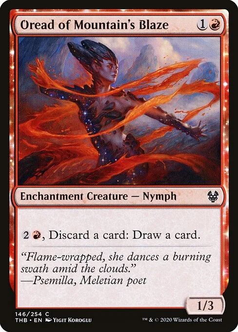 Oread of Mountain's Blaze, carta Magic di tipo Enchantment Creature — Nymph illustrata da Yigit Koroglu