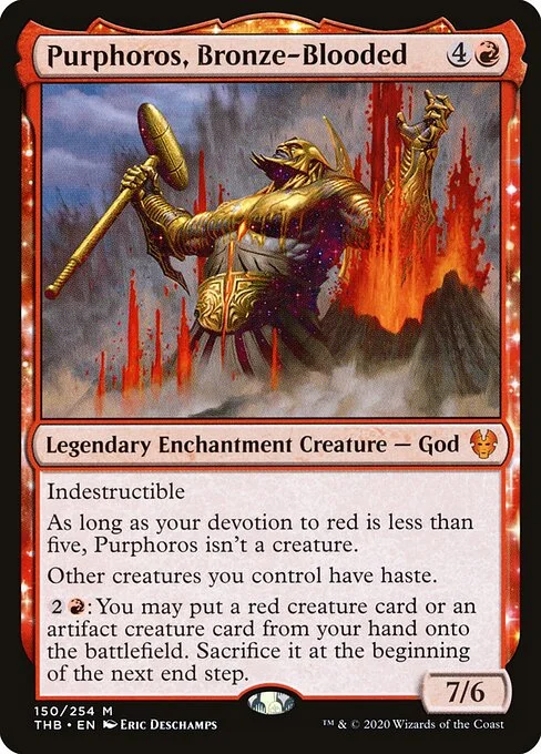 Purphoros, Bronze-Blooded, carta Magic di tipo Legendary Enchantment Creature — God illustrata da Eric Deschamps