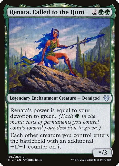 Renata, Called to the Hunt, carta Magic di tipo Legendary Enchantment Creature — Demigod illustrata da Chris Rahn