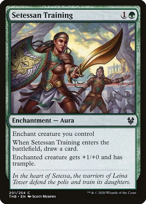 Setessan Training, carta Magic di tipo Enchantment — Aura illustrata da Scott Murphy