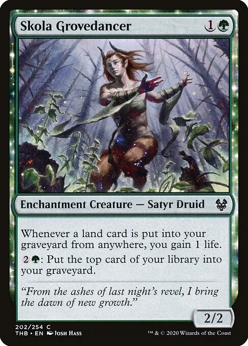 Skola Grovedancer, carta Magic di tipo Enchantment Creature — Satyr Druid illustrata da Josh Hass