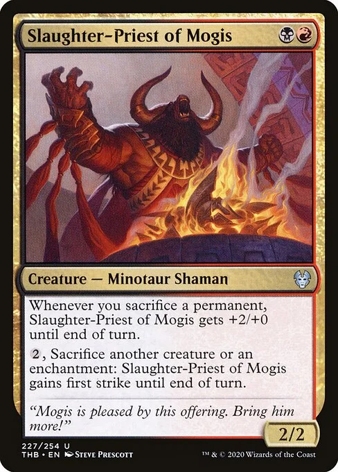 Slaughter-Priest of Mogis, carta Magic di tipo Creature — Minotaur Shaman illustrata da Steve Prescott