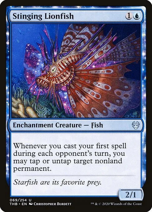 Stinging Lionfish, carta Magic di tipo Enchantment Creature — Fish illustrata da Christopher Burdett