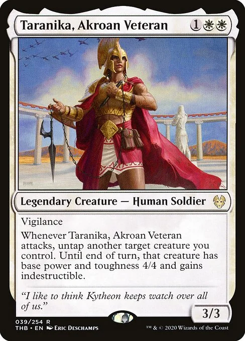 Taranika, Akroan Veteran, carta Magic di tipo Legendary Creature — Human Soldier illustrata da Eric Deschamps