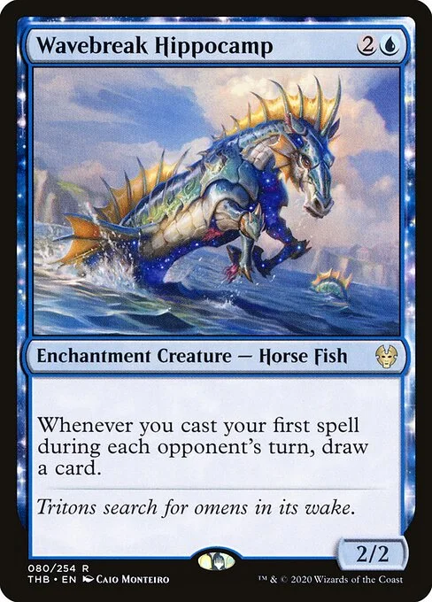 Wavebreak Hippocamp, carta Magic di tipo Enchantment Creature — Horse Fish illustrata da Caio Monteiro