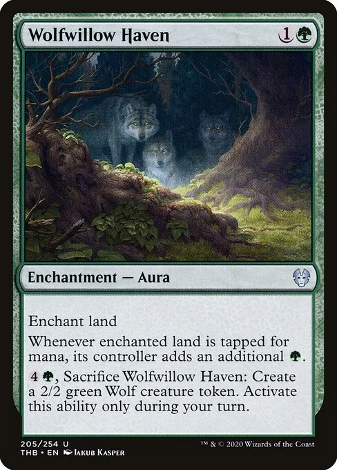 Wolfwillow Haven, carta Magic di tipo Enchantment — Aura illustrata da Jakub Kasper