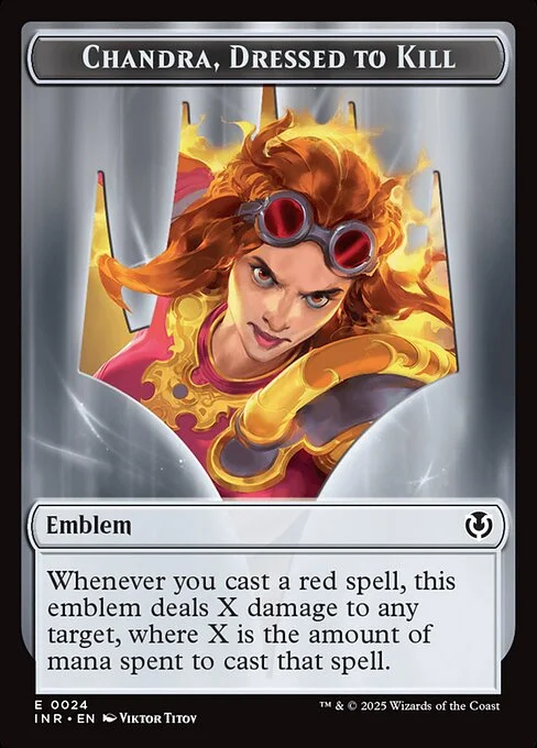 Chandra, Dressed to Kill Emblem, carta Magic di tipo Emblem illustrata da Viktor Titov