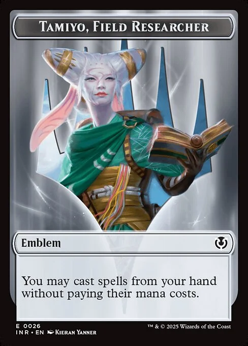 Tamiyo, Field Researcher Emblem, carta Magic di tipo Emblem — Tamiyo illustrata da Kieran Yanner