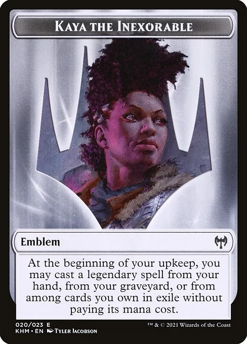Kaya the Inexorable Emblem, carta Magic di tipo Emblem illustrata da Tyler Jacobson