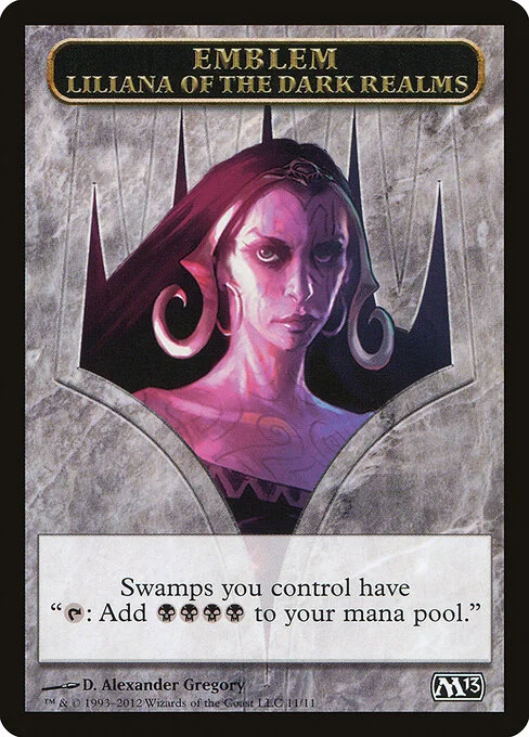 Liliana of the Dark Realms Emblem, carta Magic di tipo Emblem — Liliana illustrata da D. Alexander Gregory