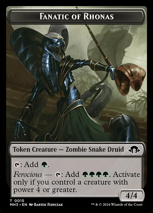 Fanatic of Rhonas, carta Magic di tipo Token Creature — Zombie Snake Druid illustrata da Bartek Fedyczak
