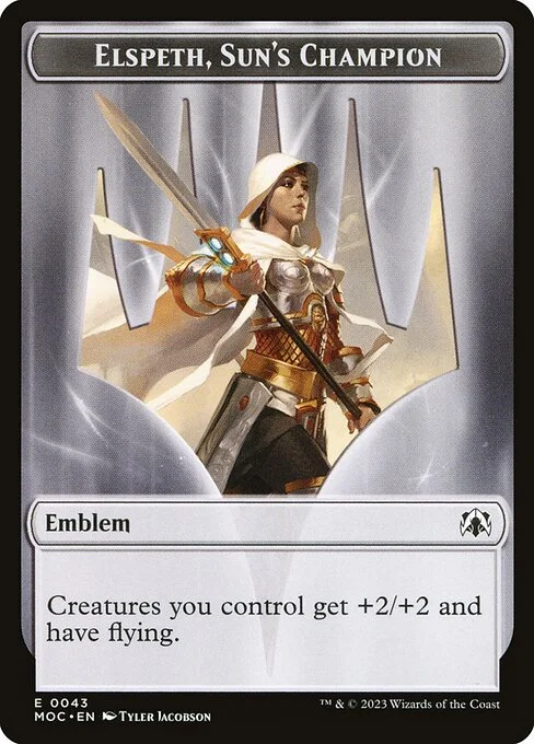 Elspeth, Sun's Champion Emblem, carta Magic di tipo Emblem — Elspeth illustrata da Tyler Jacobson