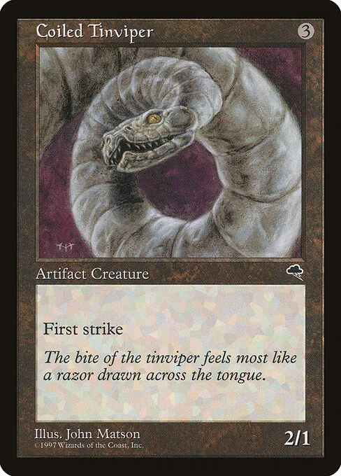 Coiled Tinviper, carta Magic di tipo Artifact Creature — Snake illustrata da John Matson
