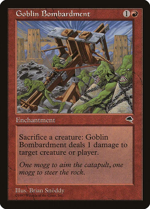 Goblin Bombardment, carta Magic di tipo Enchantment illustrata da Brian Snõddy