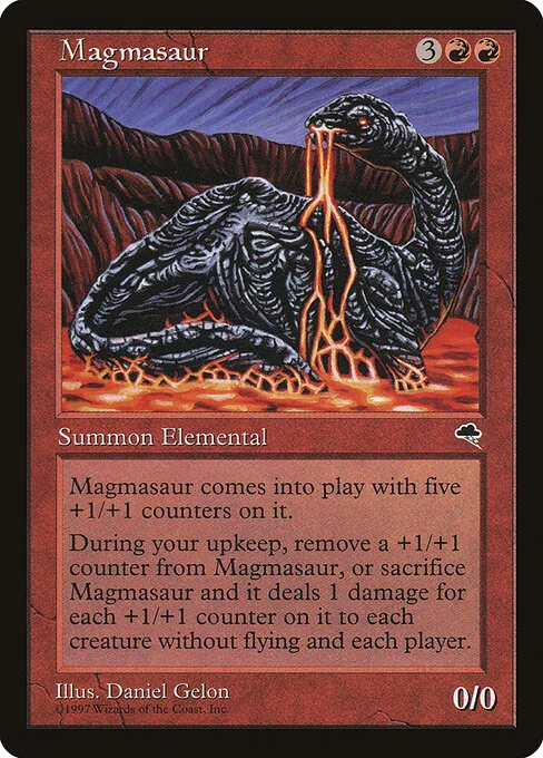 Magmasaur, carta Magic di tipo Creature — Elemental Dinosaur illustrata da Daniel Gelon