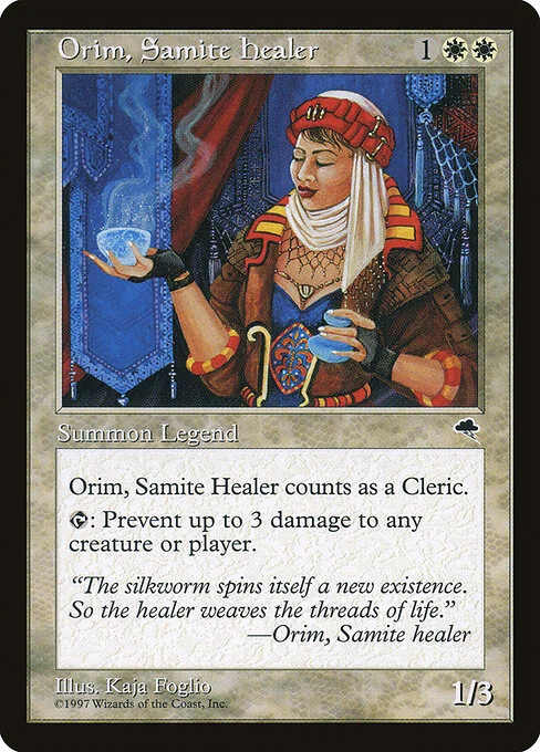 Orim, Samite Healer, carta Magic di tipo Legendary Creature — Human Cleric illustrata da Kaja Foglio