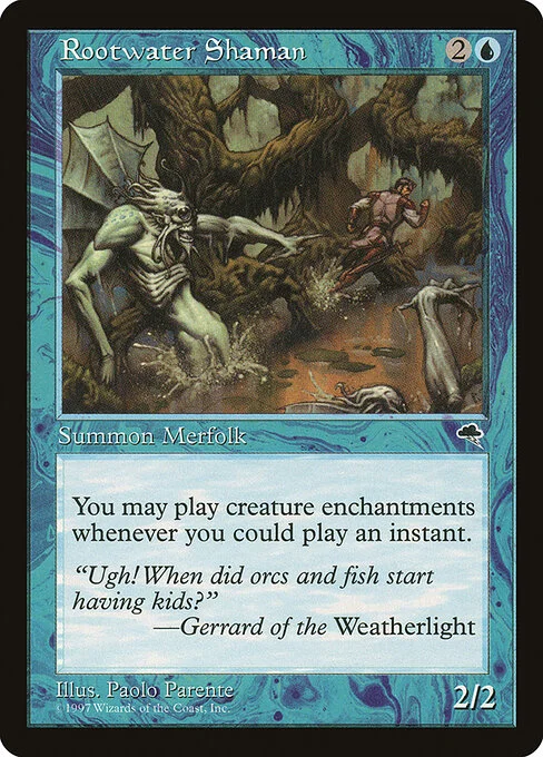 Rootwater Shaman, carta Magic di tipo Creature — Merfolk Shaman illustrata da Paolo Parente