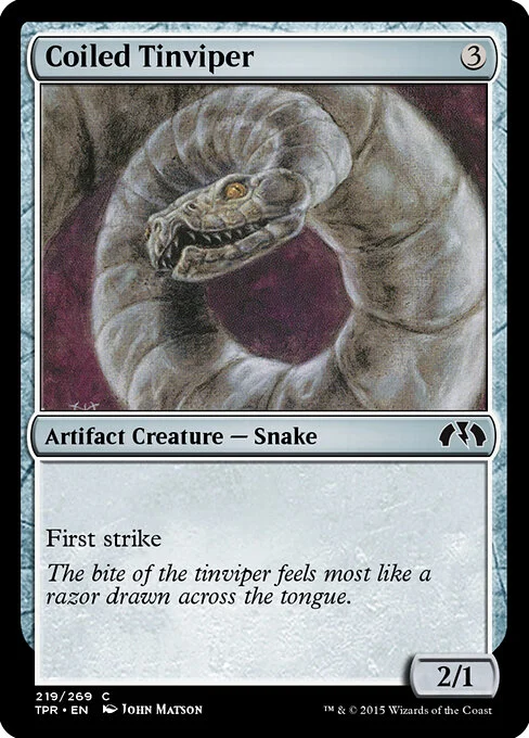Coiled Tinviper, carta Magic di tipo Artifact Creature — Snake illustrata da John Matson