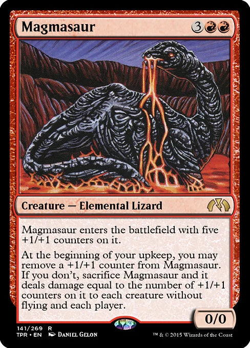 Magmasaur, carta Magic di tipo Creature — Elemental Dinosaur illustrata da Daniel Gelon