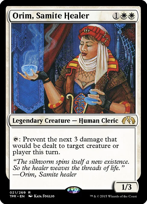Orim, Samite Healer, carta Magic di tipo Legendary Creature — Human Cleric illustrata da Kaja Foglio