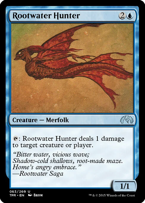 Rootwater Hunter, carta Magic di tipo Creature — Merfolk illustrata da Brom