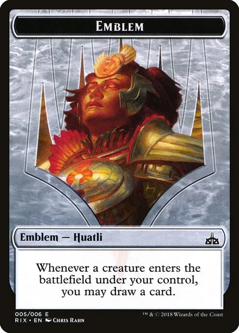 Huatli, Radiant Champion Emblem, carta Magic di tipo Emblem — Huatli illustrata da Chris Rahn