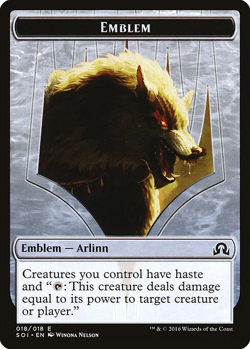 Arlinn, Embraced by the Moon Emblem, carta Magic di tipo Emblem — Arlinn illustrata da Winona Nelson