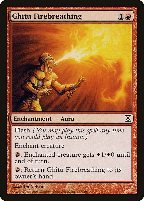 Ghitu Firebreathing, carta Magic di tipo Enchantment — Aura illustrata da Jim Nelson