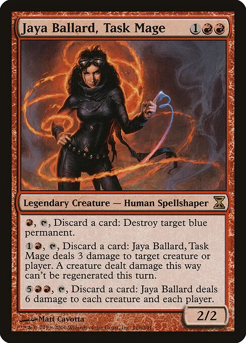 Jaya Ballard, Task Mage, carta Magic di tipo Legendary Creature — Human Spellshaper illustrata da Matt Cavotta