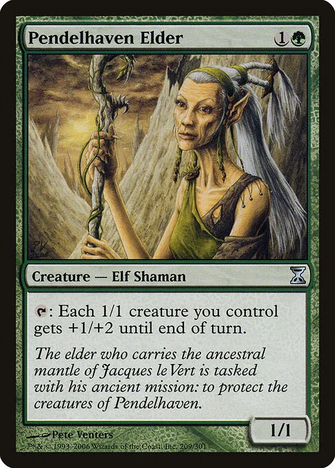 Pendelhaven Elder, carta Magic di tipo Creature — Elf Shaman illustrata da Pete Venters
