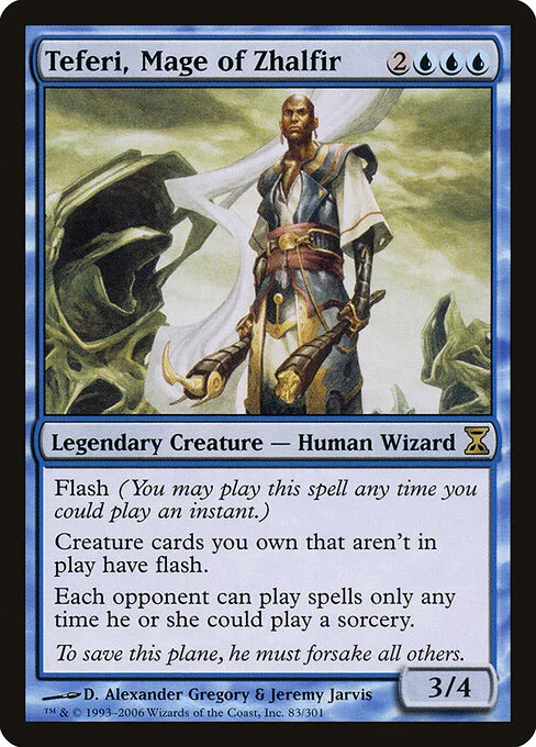 Teferi, Mage of Zhalfir, carta Magic di tipo Legendary Creature — Human Wizard illustrata da D. Alexander Gregory & Jeremy Jarvis