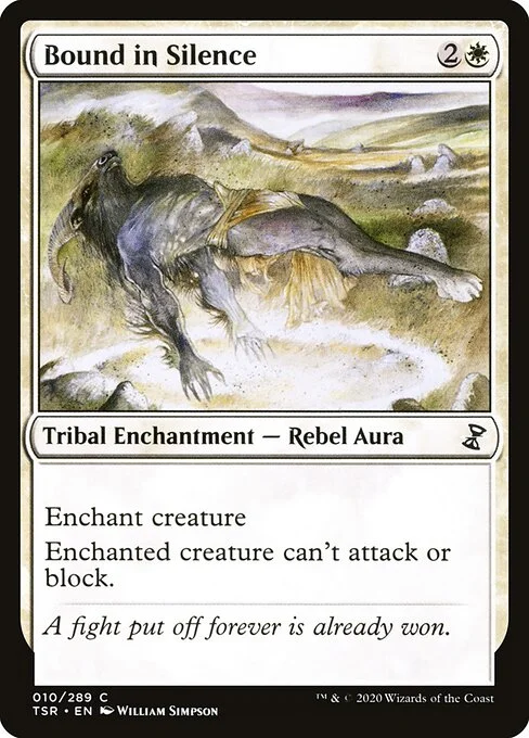 Bound in Silence, carta Magic di tipo Kindred Enchantment — Rebel Aura illustrata da William Simpson