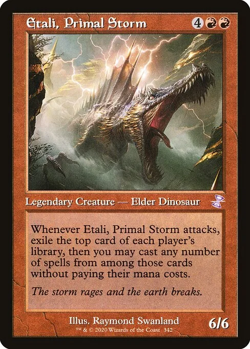 Etali, Primal Storm, carta Magic di tipo Legendary Creature — Elder Dinosaur illustrata da Raymond Swanland